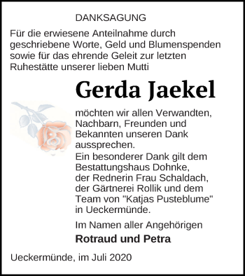 Traueranzeige von Gerda Jaekel von Haff-Zeitung
