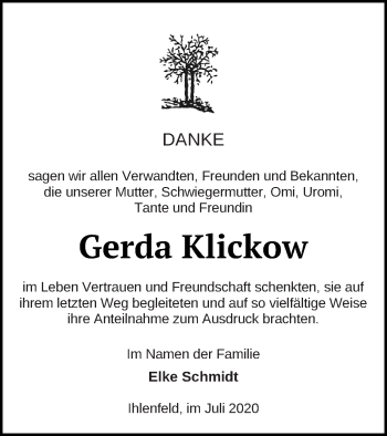 Traueranzeige von Gerda Klickow von Neubrandenburger Zeitung