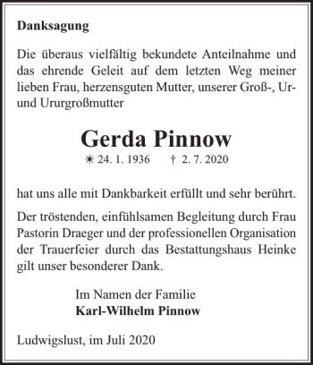 Traueranzeige von Gerda Pinnow von Ludwigsluster Tageblatt