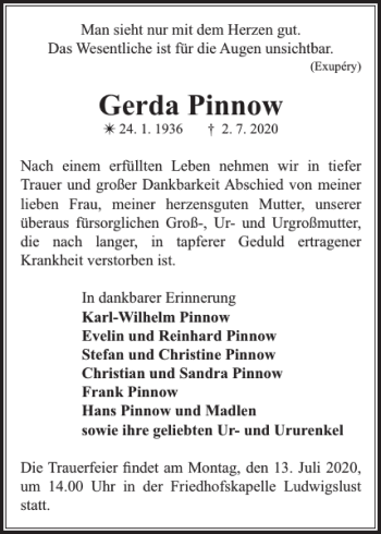 Traueranzeige von Gerda Pinnow von Ludwigsluster Tageblatt