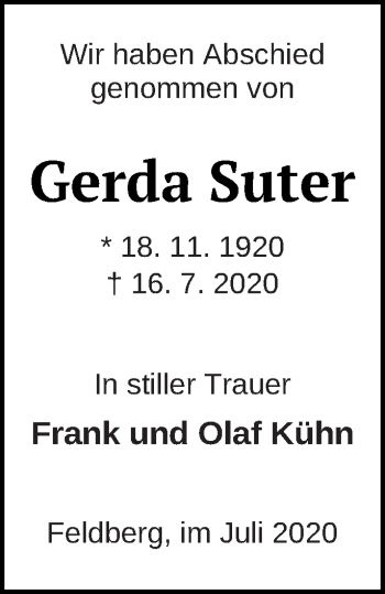 Traueranzeige von Gerda Suter von Strelitzer Zeitung