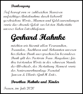 Traueranzeige von Gerhard Hahnke von Vorpommern Kurier