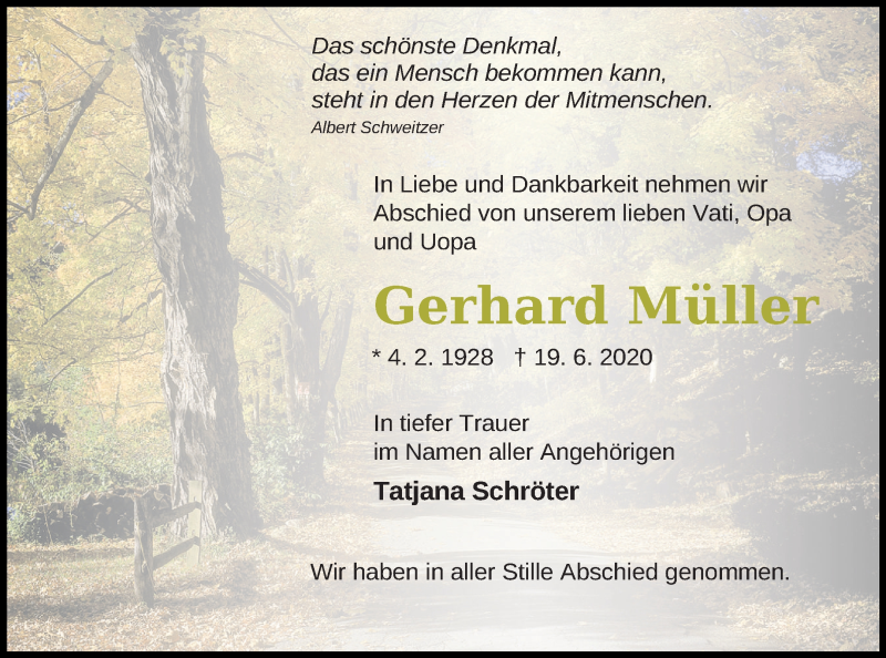  Traueranzeige für Gerhard Müller vom 14.07.2020 aus Neubrandenburger Zeitung