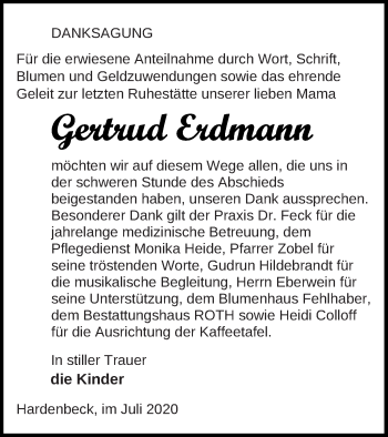 Traueranzeige von Gertrud Erdmann von Templiner Zeitung