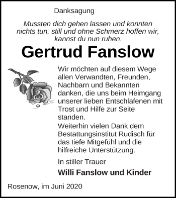 Traueranzeige von Gertrud Fanslow von Neubrandenburger Zeitung