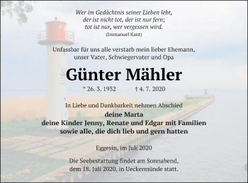 Traueranzeige von Günter Mähler von Haff-Zeitung