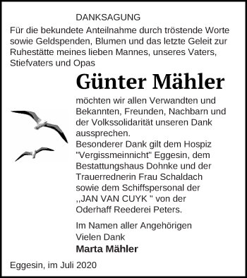 Traueranzeige von Günter Mähler von Haff-Zeitung