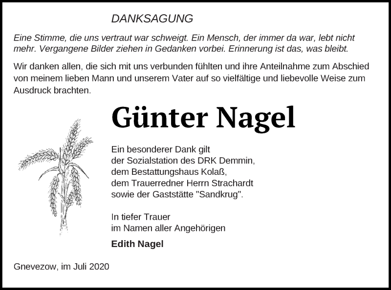  Traueranzeige für Günter Nagel vom 10.07.2020 aus Demminer Zeitung