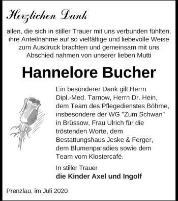 Traueranzeige von Hannelore Bucher von Prenzlauer Zeitung