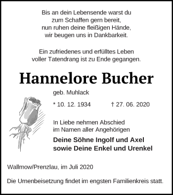 Traueranzeige von Hannelore Bucher von Prenzlauer Zeitung