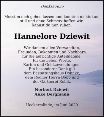 Traueranzeige von Hannelore Dziewit von Haff-Zeitung