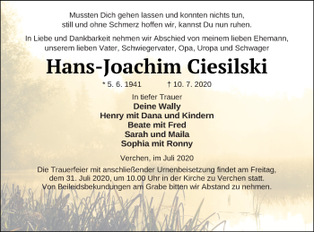 Traueranzeige von Hans-Joachim Ciesilski von Demminer Zeitung