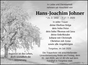 Traueranzeige von Hans-Joachim Johner von Haff-Zeitung