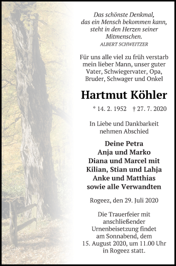 Traueranzeige von Hartmut Köhler von Müritz-Zeitung