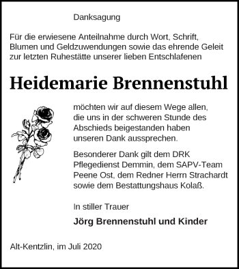 Traueranzeige von Heidemarie Brennenstuhl von Demminer Zeitung