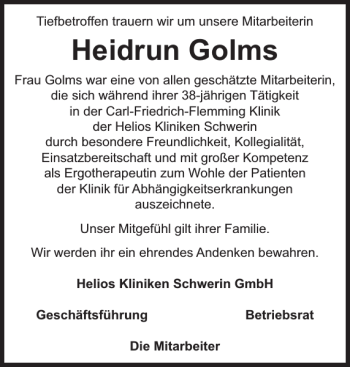 Traueranzeige von Heidrun Golms von Zeitung für die Landeshauptstadt