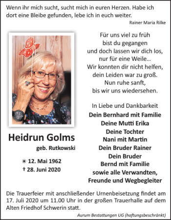 Traueranzeige von Heidrun Golms von Gadebusch-Rehnaer Zeitung