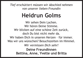 Traueranzeige von Heidrun Golms von Zeitung für die Landeshauptstadt