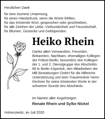 Traueranzeige von Heiko Rhein  von Haff-Zeitung