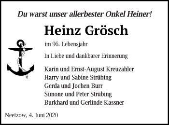 Traueranzeige von Heinz Grösch von Vorpommern Kurier