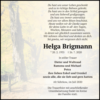 Traueranzeige von Helga Brigmann von Mecklenburger Schweiz