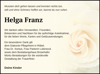 Traueranzeige von Helga Franz von Müritz-Zeitung