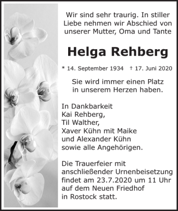 Traueranzeige von Helga Rehberg von Norddeutsche Neueste Nachrichten