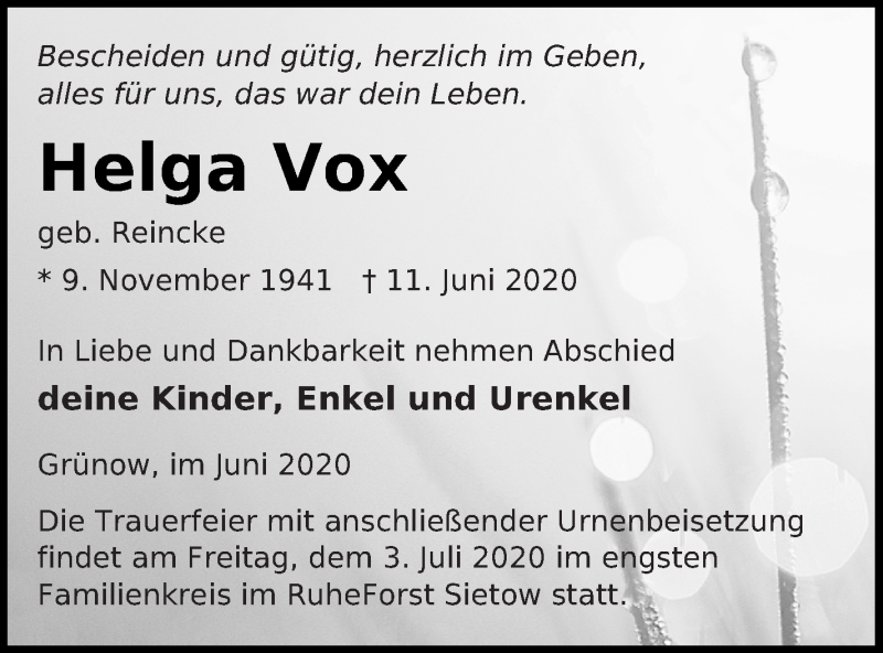  Traueranzeige für Helga Vox vom 01.07.2020 aus Müritz-Zeitung