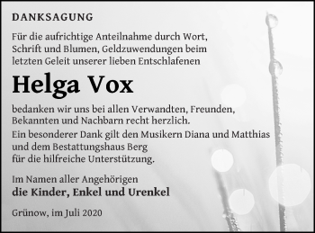 Traueranzeige von Helga Vox von Müritz-Zeitung