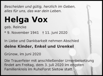 Traueranzeige von Helga Vox von Müritz-Zeitung