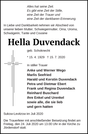 Traueranzeige von Hella Duvendack von Mecklenburger Schweiz