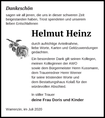 Traueranzeige von Helmut Heinz von Demminer Zeitung