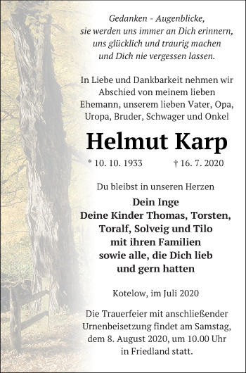 Traueranzeige von Helmut Karp von Neubrandenburger Zeitung