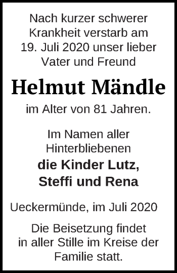 Traueranzeige von Helmut Mändle von Haff-Zeitung