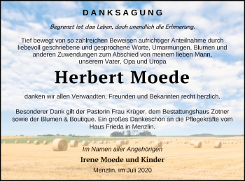 Traueranzeige von Herbert Moede von Vorpommern Kurier