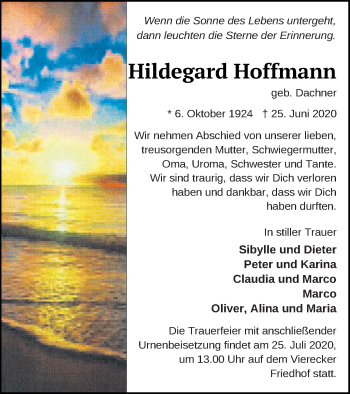 Traueranzeige von Hildegard Hoffmann von Pasewalker Zeitung