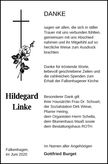 Traueranzeige von Hildegard Linke von Prenzlauer Zeitung