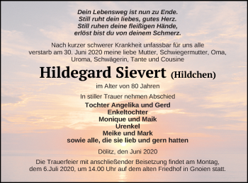 Traueranzeige von Hildegard Sievert von Mecklenburger Schweiz