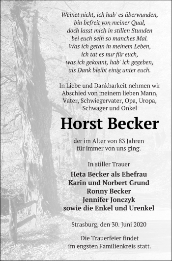 Traueranzeige von Horst Becker von Pasewalker Zeitung