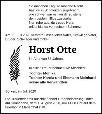 Traueranzeige von Horst Otte von Pasewalker Zeitung