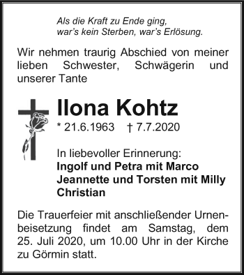 Traueranzeige von Ilona Kohtz von Vorpommern Kurier