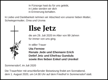 Traueranzeige von Ilse Jetz von Demminer Zeitung