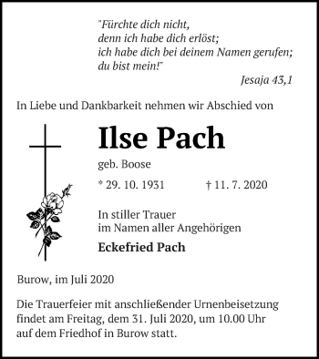 Traueranzeige von Ilse Pach von Neubrandenburger Zeitung