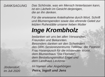 Traueranzeige von Inge Krombholz von Mecklenburger Schweiz