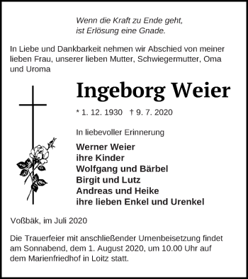 Traueranzeige von Ingeborg Weier von Vorpommern Kurier