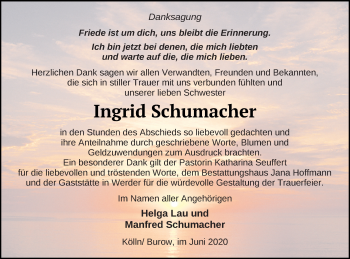 Traueranzeige von Ingrid Schumacher von Neubrandenburger Zeitung