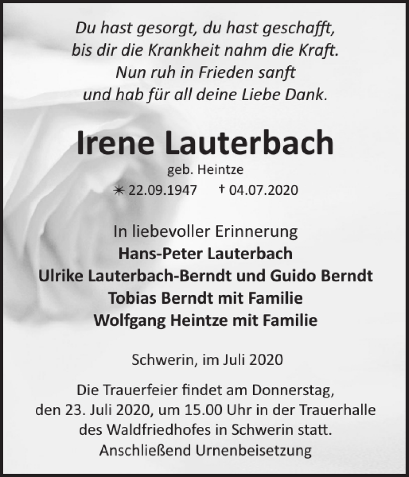  Traueranzeige für Irene Lauterbach vom 11.07.2020 aus Zeitung für die Landeshauptstadt