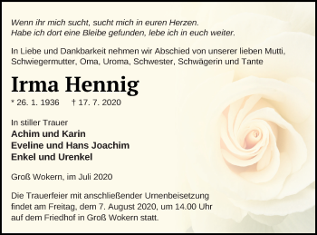 Traueranzeige von Irma Hennig von Mecklenburger Schweiz