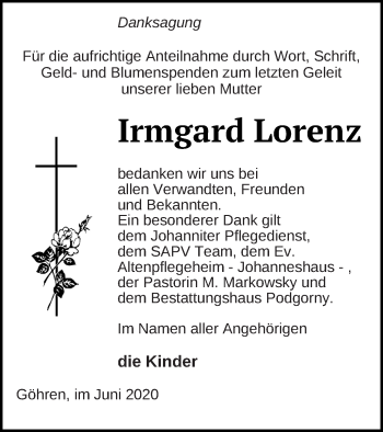 Traueranzeige von Irmgard Lorenz von Strelitzer Zeitung