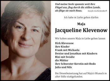 Traueranzeige von Jacqueline Klevenow von Müritz-Zeitung